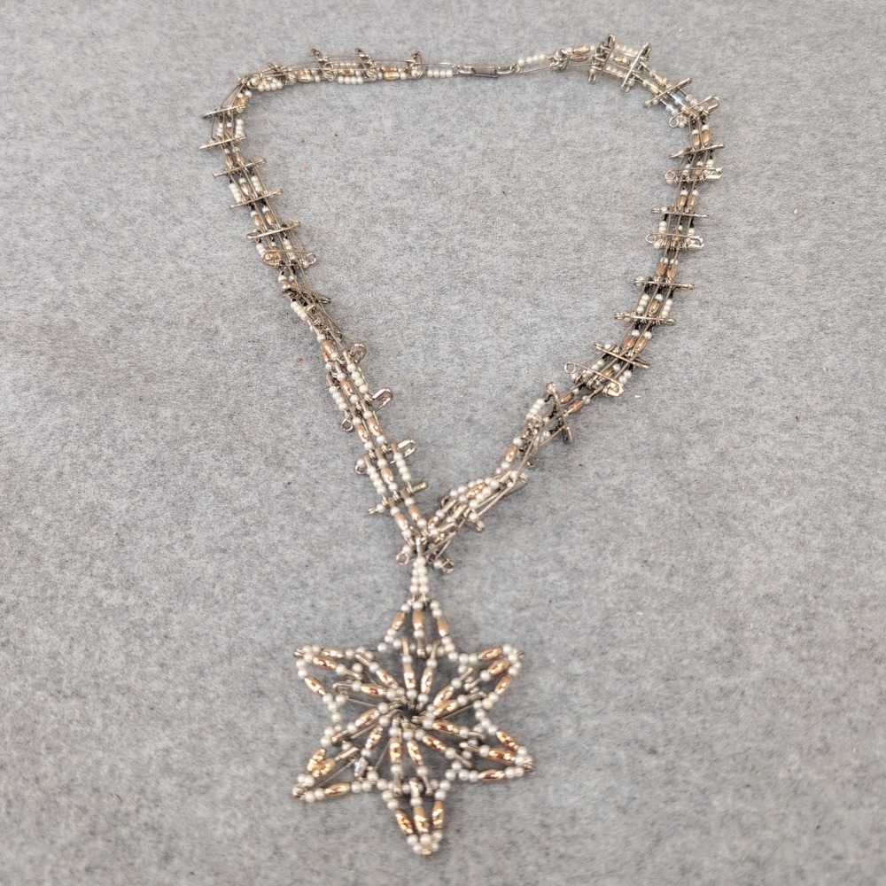 Handmade Star Pendant Necklace Safety Pin Pearl Beads Silver Tone - Picture 3 of 6